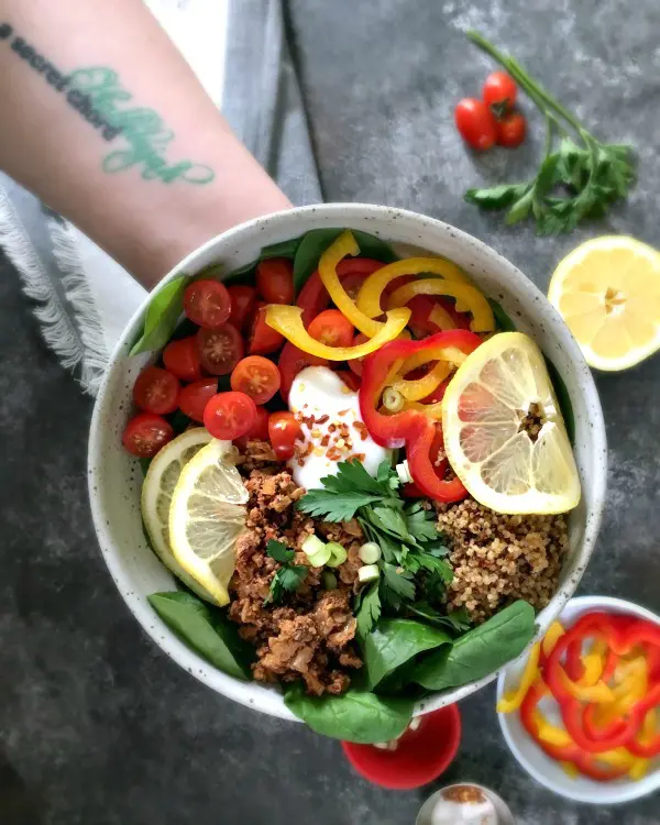 vegan bowl with meat free crumbles